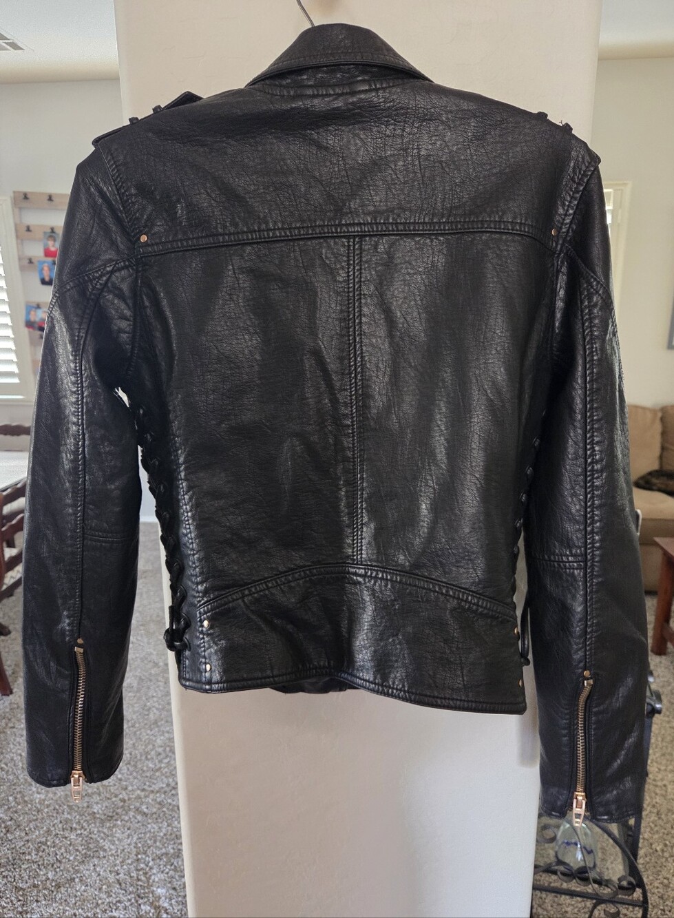 BLANK NYC Moto Jacket Vegan Leather Gold Accents Lace-up Side Waist Women Small - Picture 3 of 11